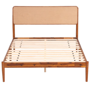 Wooden Boho Rattan Brown Bed Frame with Wooden Slat Support-Full view 4