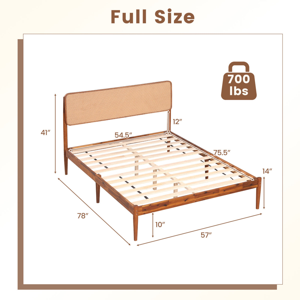 Wooden Boho Rattan Brown Bed Frame with Wooden Slat Support-Full view 5