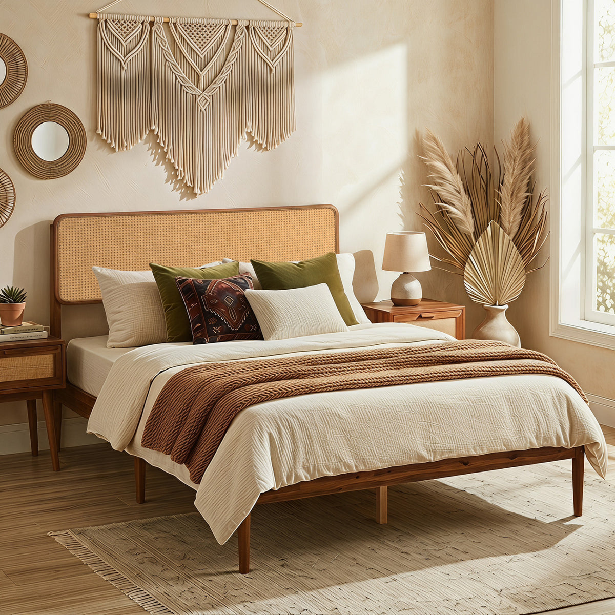 Wooden Boho Rattan Brown Bed Frame with Wooden Slat Support-Full view 6