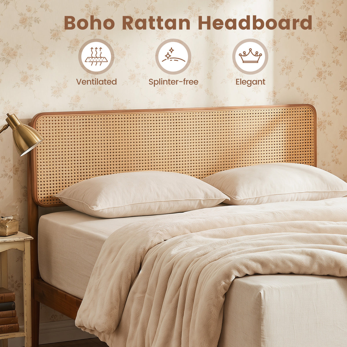 Wooden Boho Rattan Brown Bed Frame with Wooden Slat Support-Full view 7