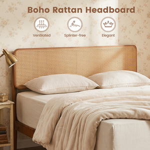 Wooden Boho Rattan Brown Bed Frame with Wooden Slat Support-Full view 7