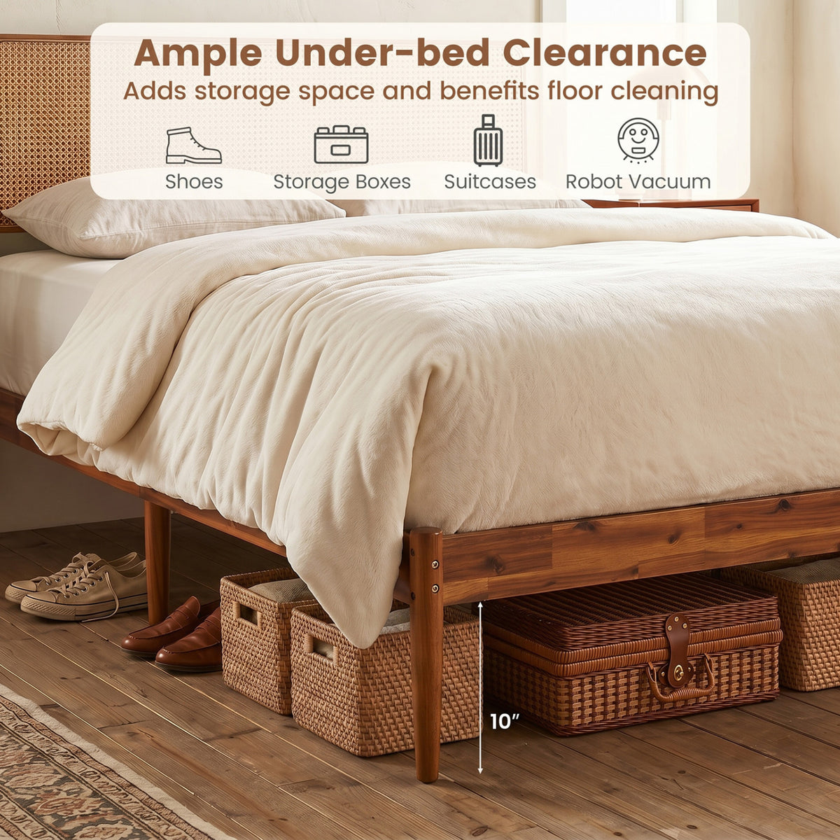 Wooden Boho Rattan Brown Bed Frame with Wooden Slat Support-Full view 9