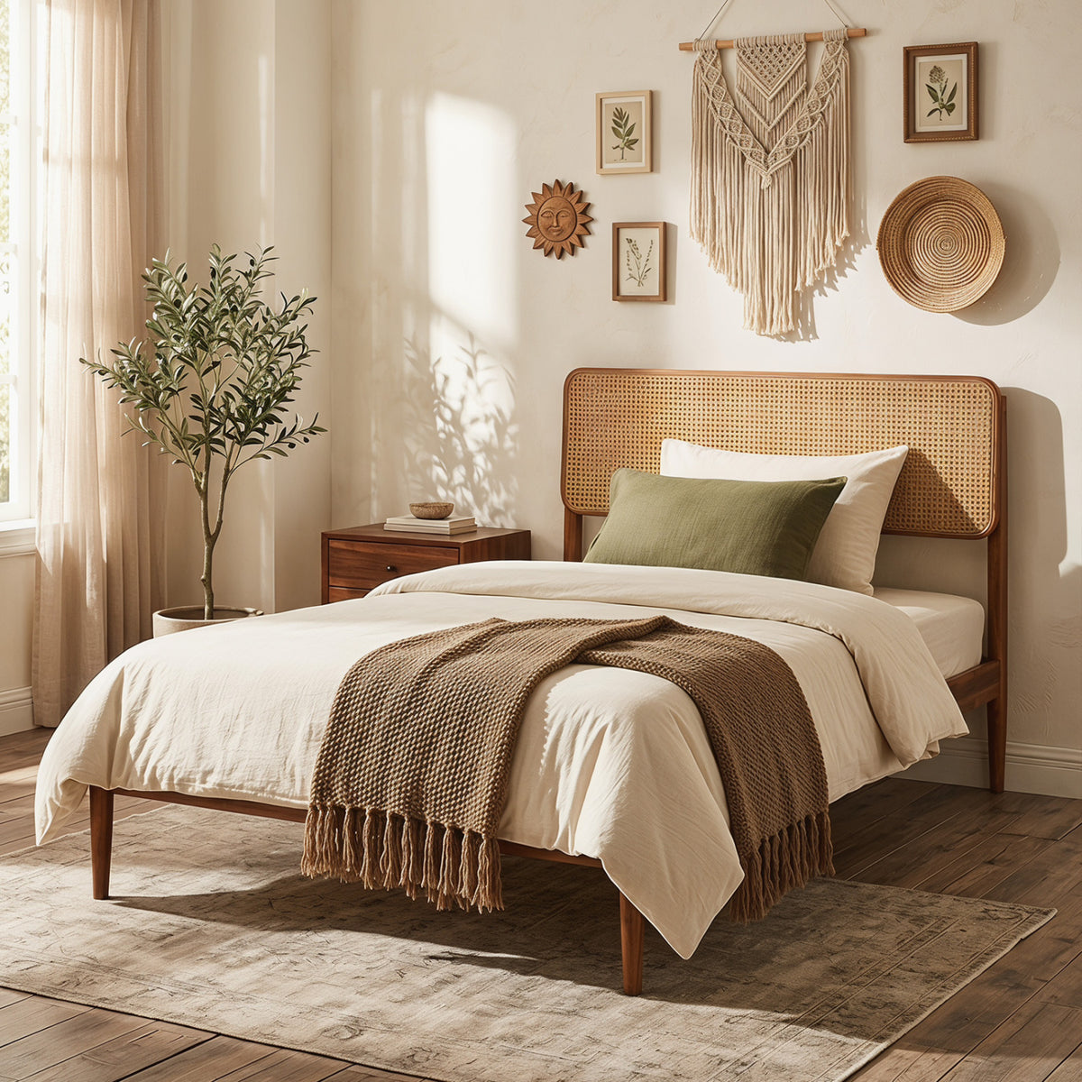 Wooden Boho Rattan Brown Bed Frame with Wooden Slat Support-Twin view 3