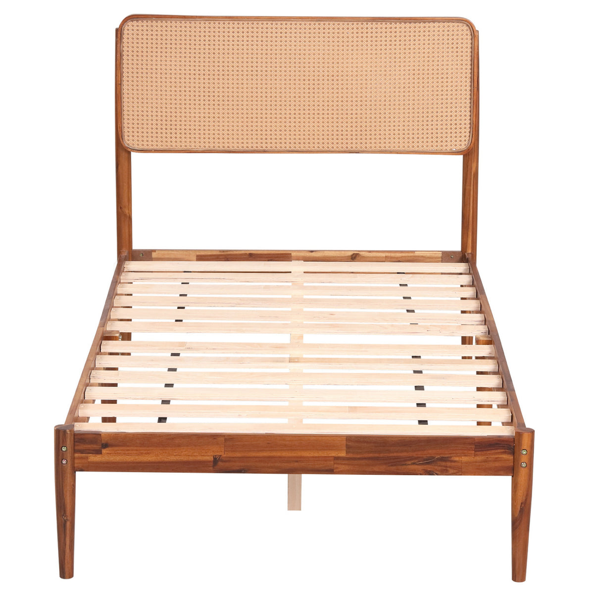 Wooden Boho Rattan Brown Bed Frame with Wooden Slat Support-Twin view 4