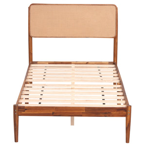Wooden Boho Rattan Brown Bed Frame with Wooden Slat Support-Twin view 4