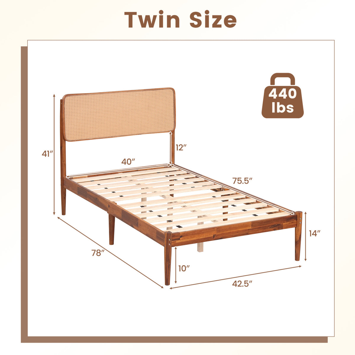 Wooden Boho Rattan Brown Bed Frame with Wooden Slat Support-Twin view 5