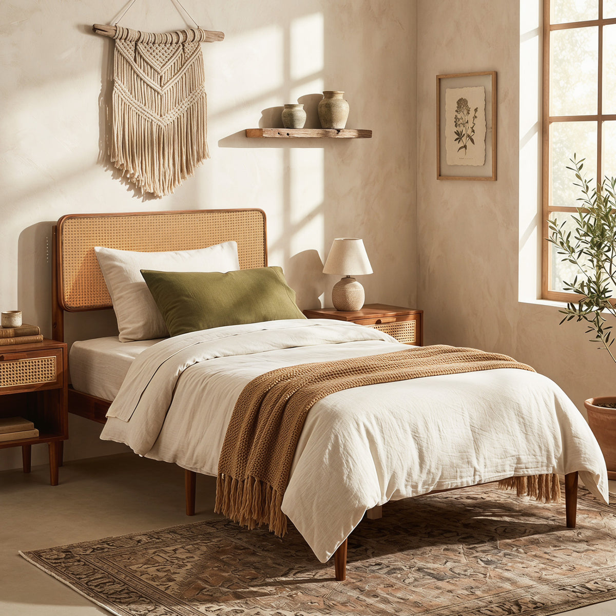 Wooden Boho Rattan Brown Bed Frame with Wooden Slat Support-Twin view 6