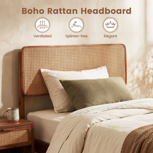 Wooden Boho Rattan Brown Bed Frame with Wooden Slat Support-Twin view 7