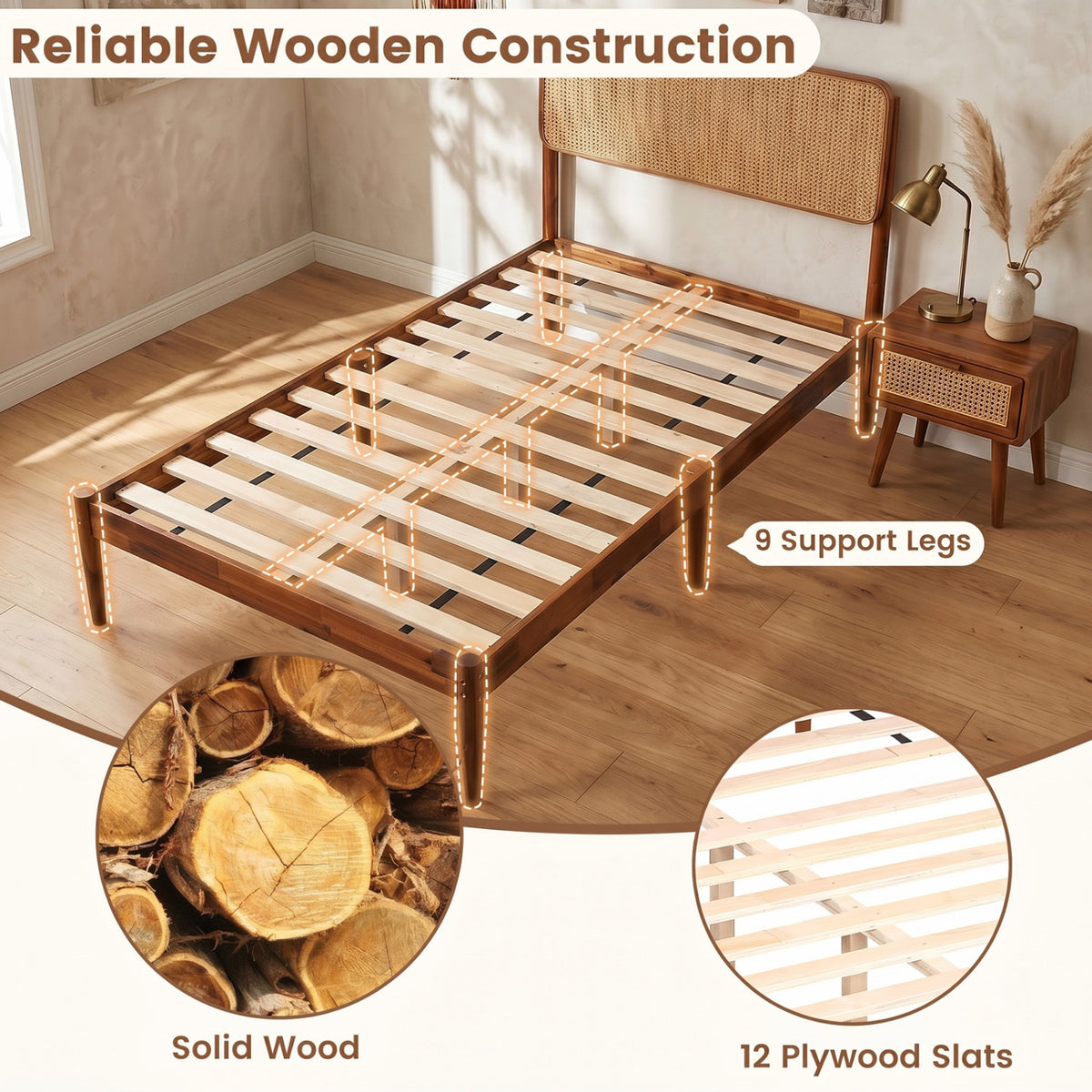 Wooden Boho Rattan Brown Bed Frame with Wooden Slat Support-Twin view 8