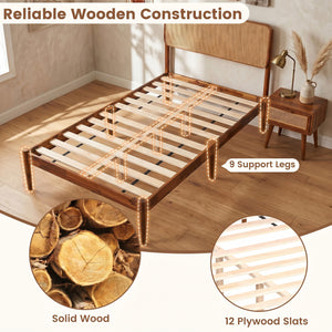 Wooden Boho Rattan Brown Bed Frame with Wooden Slat Support-Twin view 8