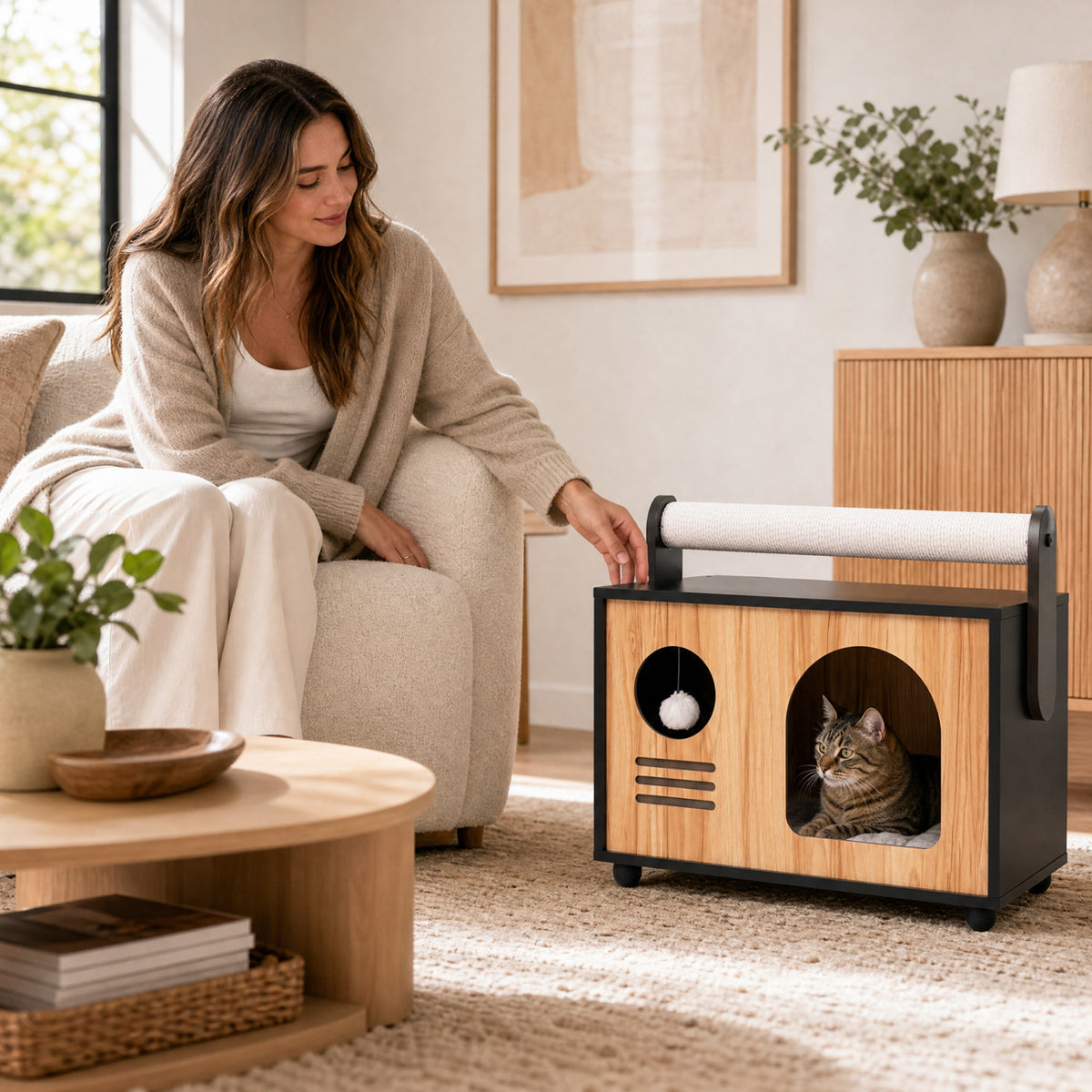 Wooden Cat House with Scratching Post-Black view 2