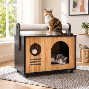 Wooden Cat House with Scratching Post-Black view 3
