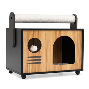 Wooden Cat House with Scratching Post-Black view 4