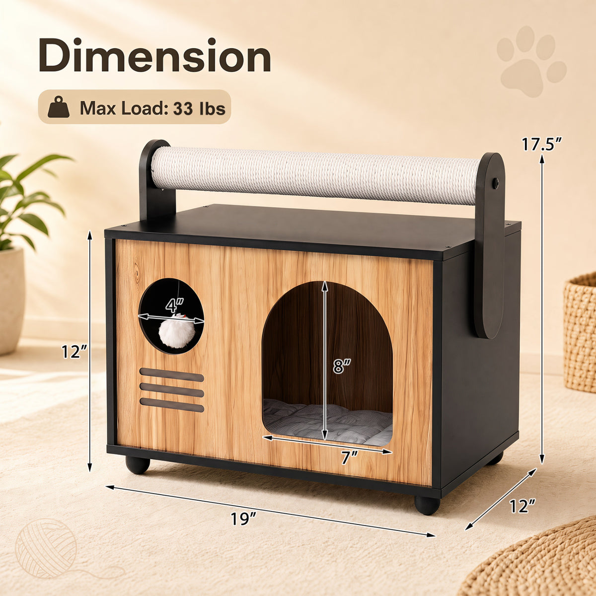 Wooden Cat House with Scratching Post-Black view 5