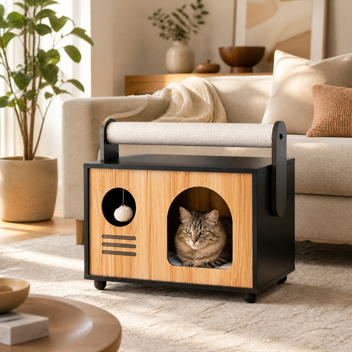Wooden Cat House with Scratching Post-Black view 6