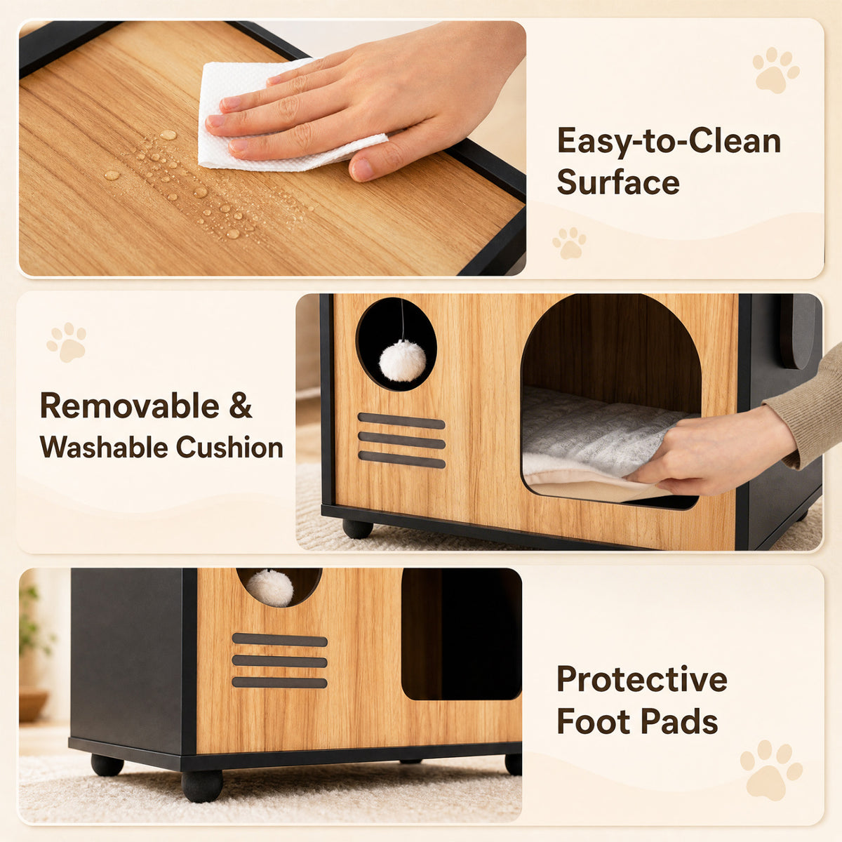 Wooden Cat House with Scratching Post-Black view 7
