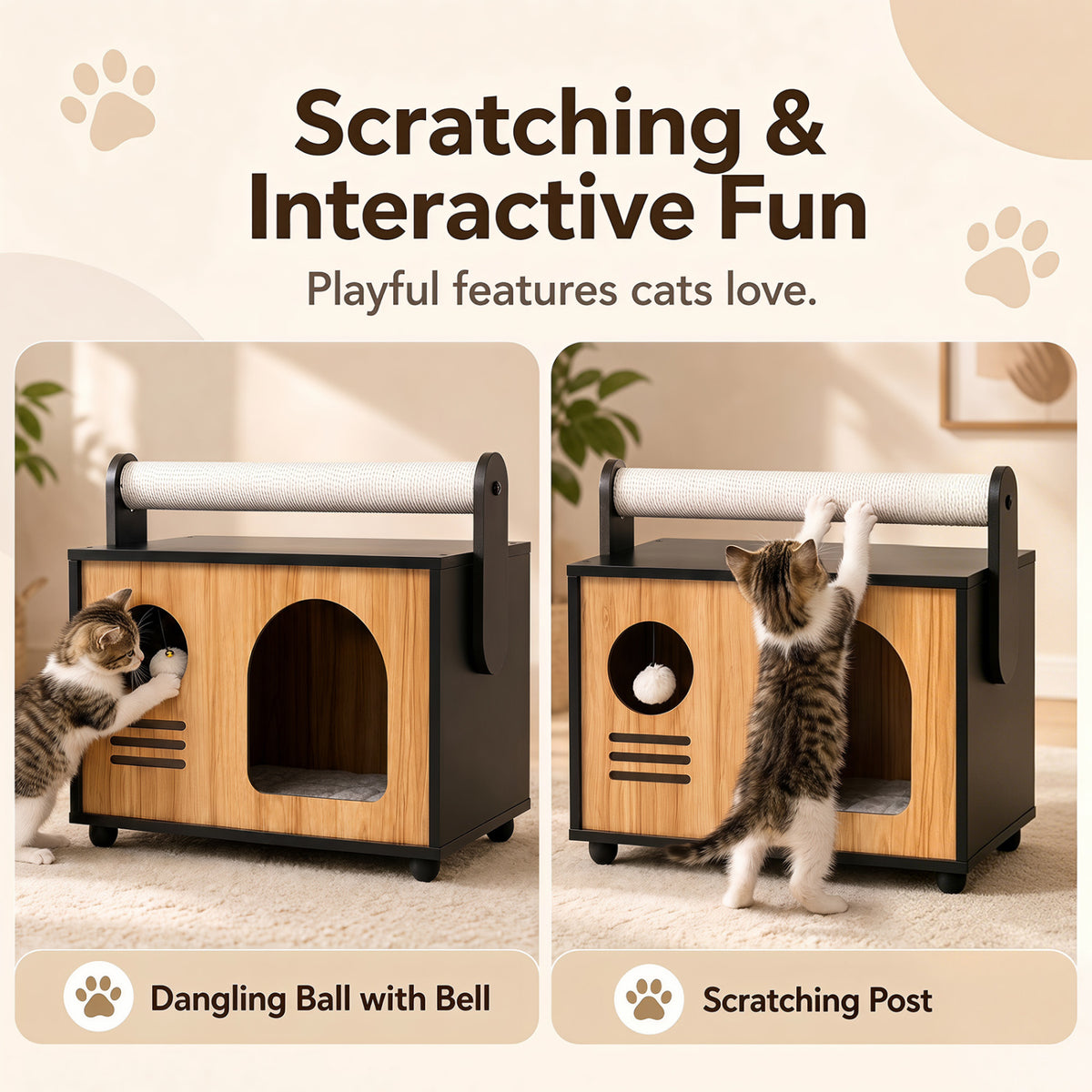Wooden Cat House with Scratching Post-Black view 8