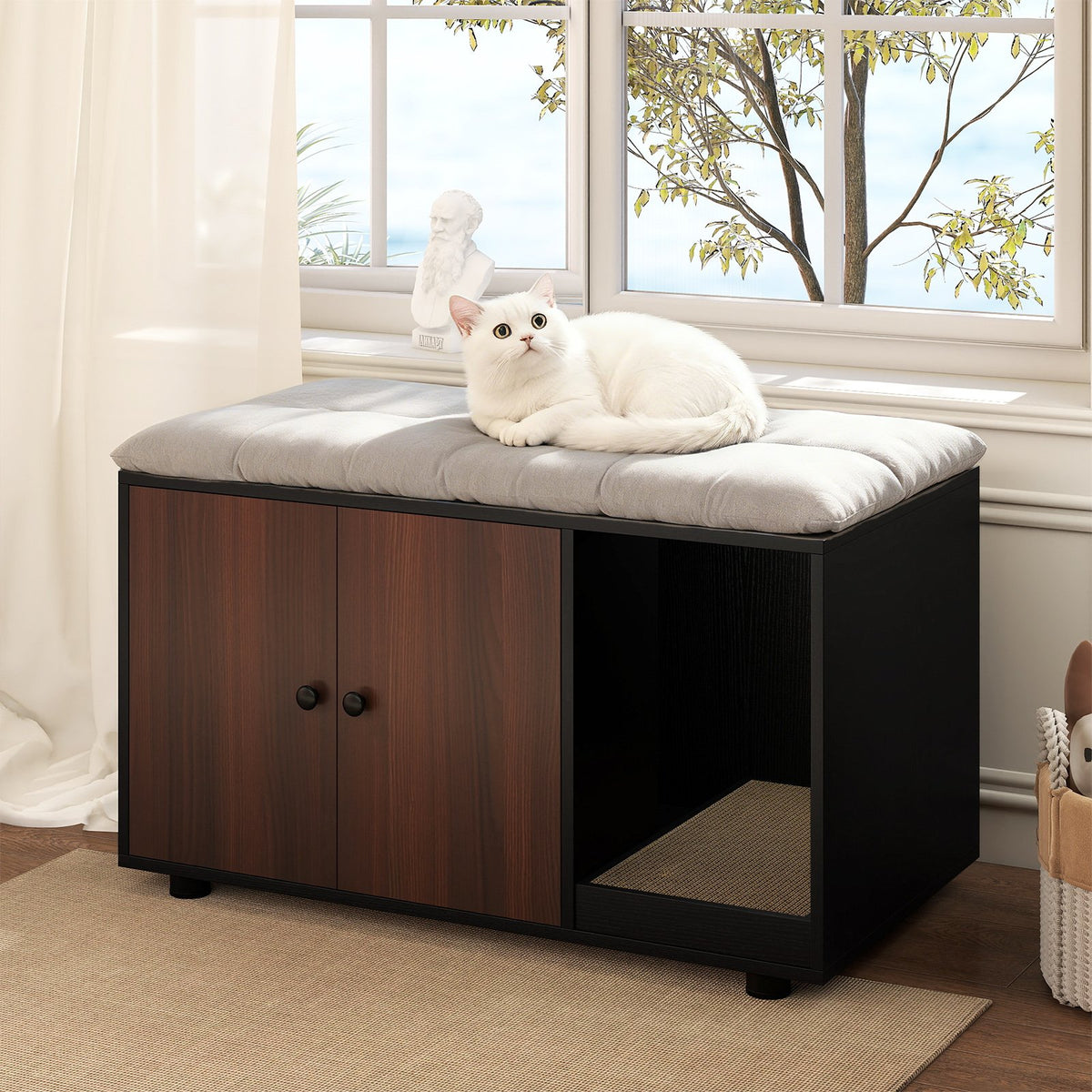 Wooden Cat Litter Box Enclosure Hidden Litter Box Furniture with Scratching Board-Black view 2