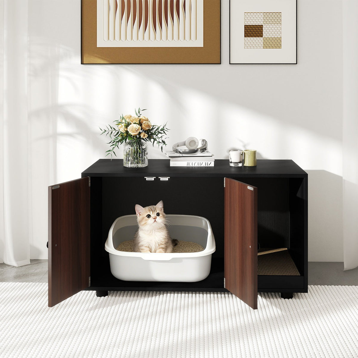 Wooden Cat Litter Box Enclosure Hidden Litter Box Furniture with Scratching Board-Black view 3