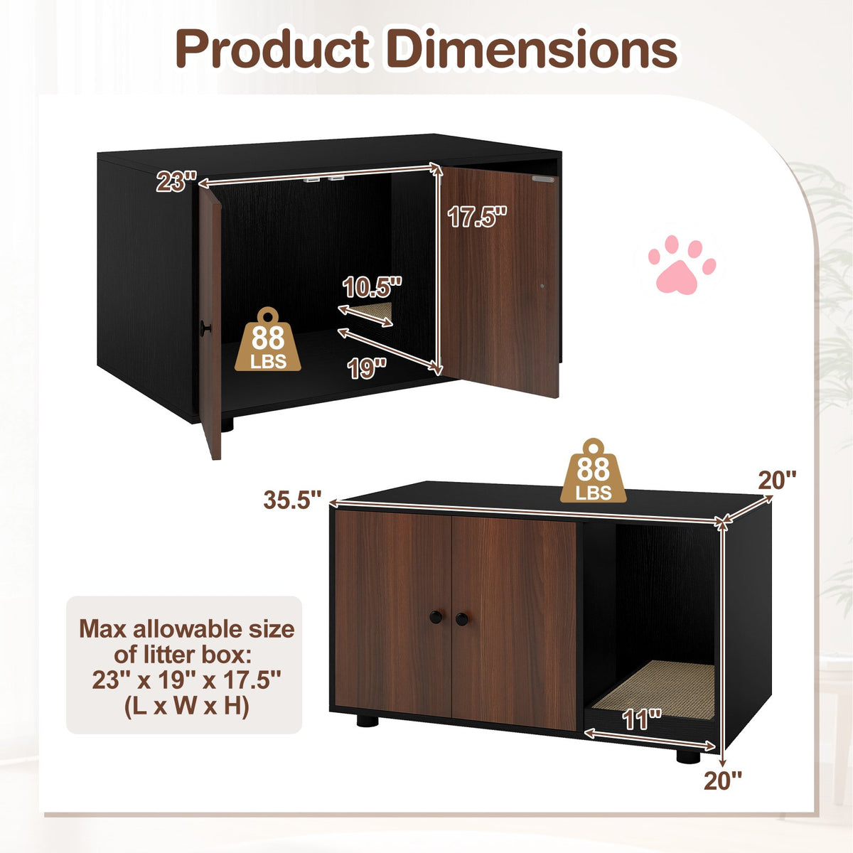 Wooden Cat Litter Box Enclosure Hidden Litter Box Furniture with Scratching Board-Black view 4