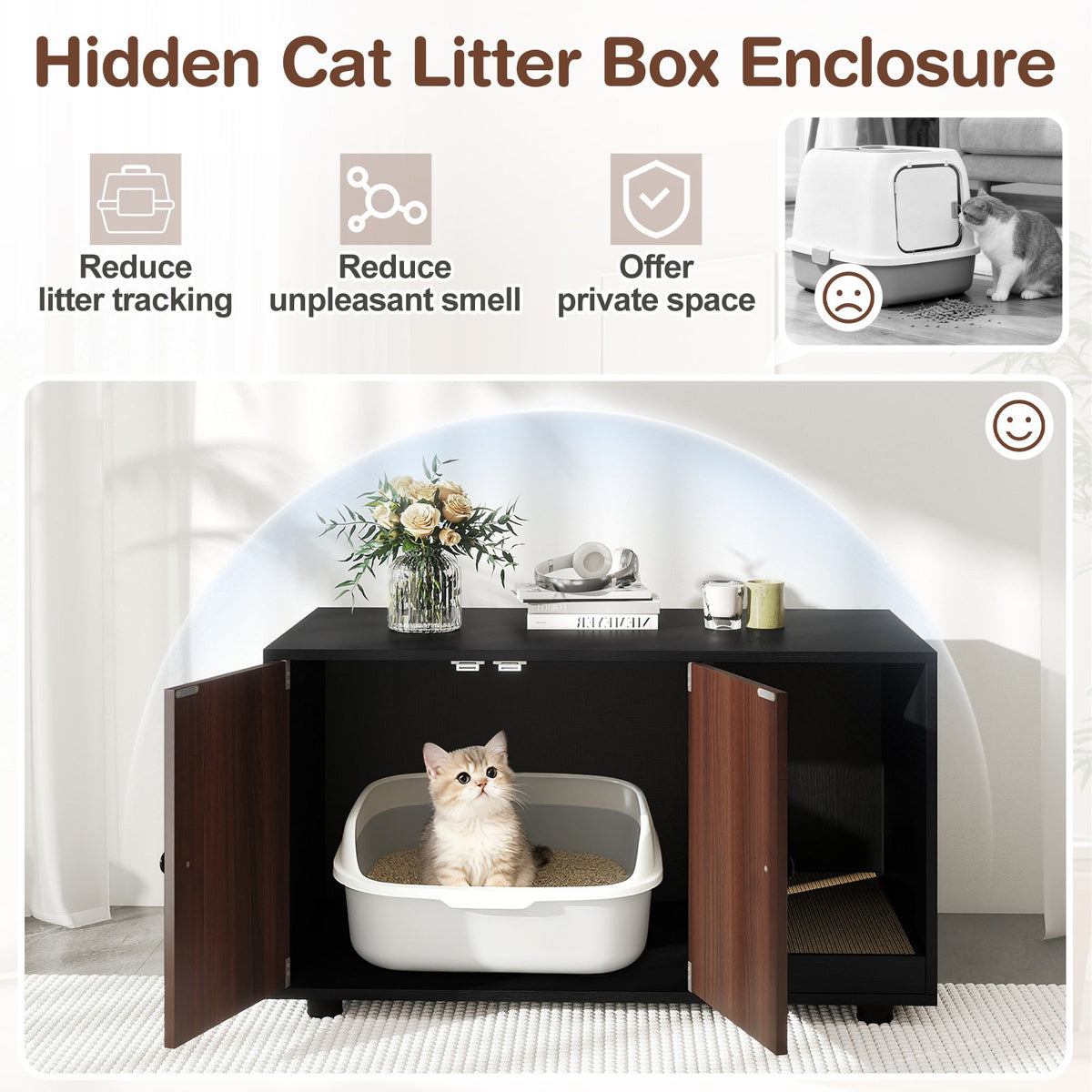 Wooden Cat Litter Box Enclosure Hidden Litter Box Furniture with Scratching Board-Black view 6
