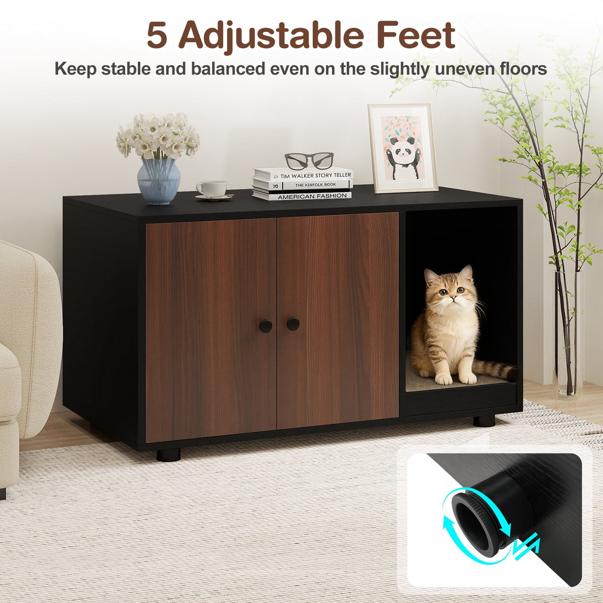 Wooden Cat Litter Box Enclosure Hidden Litter Box Furniture with Scratching Board-Black view 8