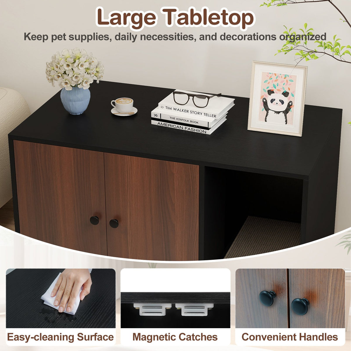 Wooden Cat Litter Box Enclosure Hidden Litter Box Furniture with Scratching Board-Black view 9