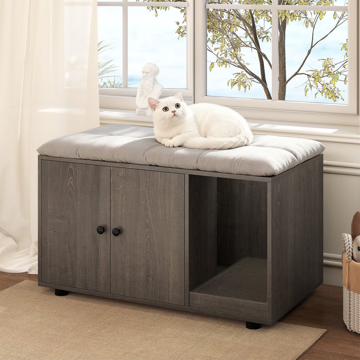 Wooden Cat Litter Box Enclosure Hidden Litter Box Furniture with Scratching Board-Oak view 2