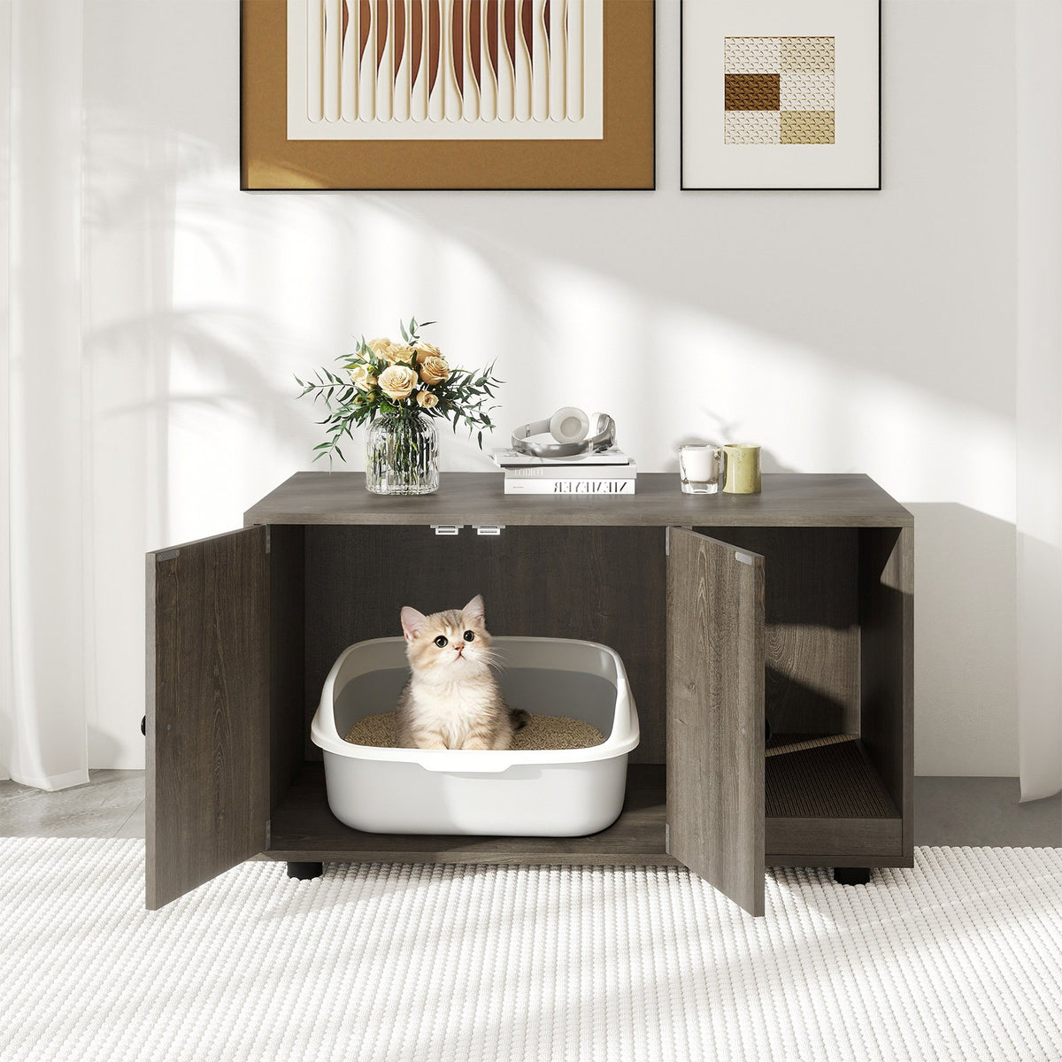 Wooden Cat Litter Box Enclosure Hidden Litter Box Furniture with Scratching Board-Oak view 3