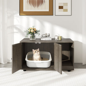 Wooden Cat Litter Box Enclosure Hidden Litter Box Furniture with Scratching Board-Oak view 3