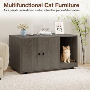 Wooden Cat Litter Box Enclosure Hidden Litter Box Furniture with Scratching Board-Oak view 5