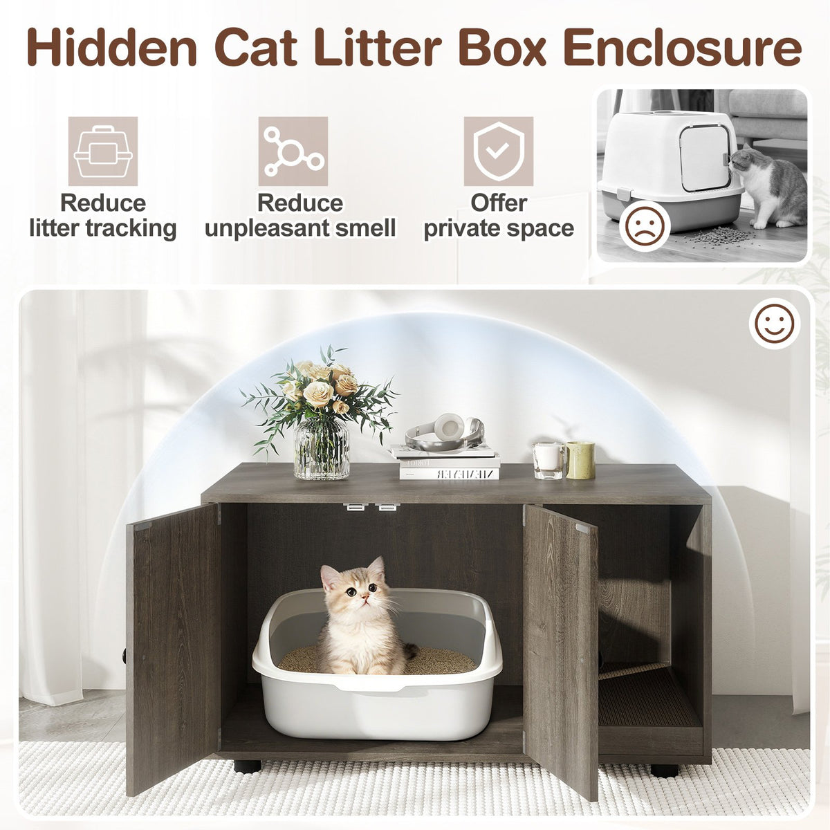Wooden Cat Litter Box Enclosure Hidden Litter Box Furniture with Scratching Board-Oak view 6