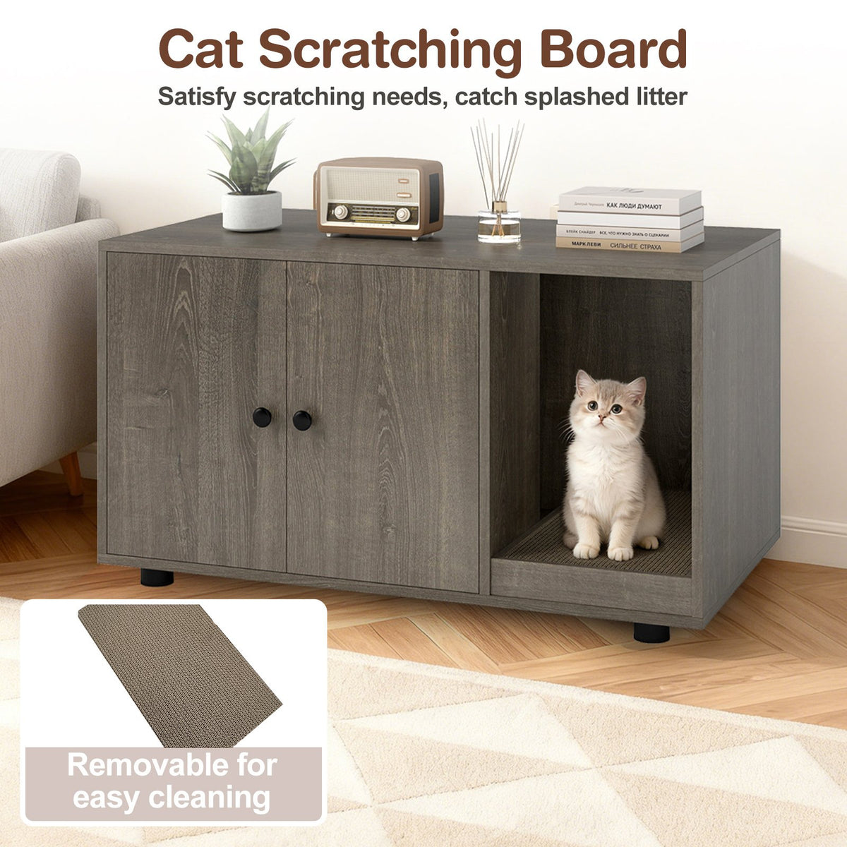 Wooden Cat Litter Box Enclosure Hidden Litter Box Furniture with Scratching Board-Oak view 7