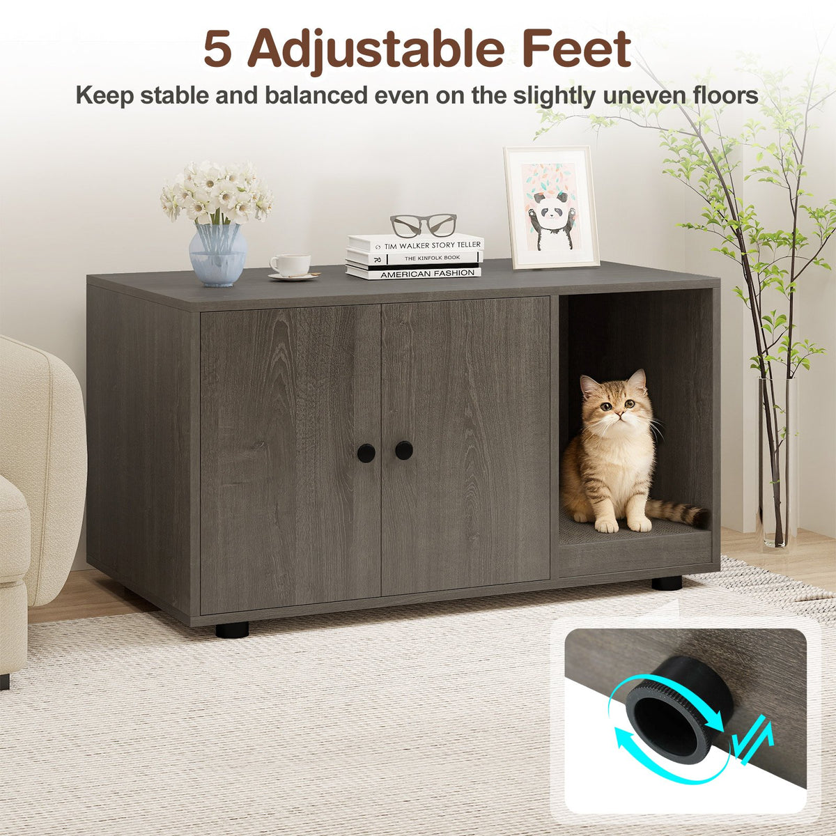 Wooden Cat Litter Box Enclosure Hidden Litter Box Furniture with Scratching Board-Oak view 8