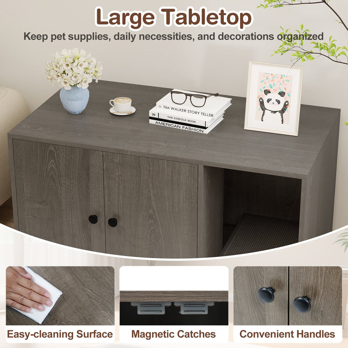 Wooden Cat Litter Box Enclosure Hidden Litter Box Furniture with Scratching Board-Oak view 9