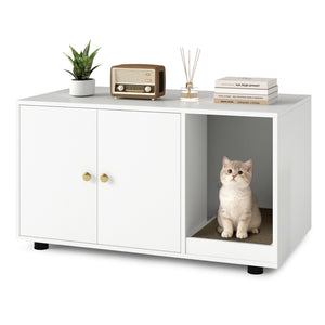 Wooden Cat Litter Box Enclosure Hidden Litter Box Furniture with Scratching Board-White