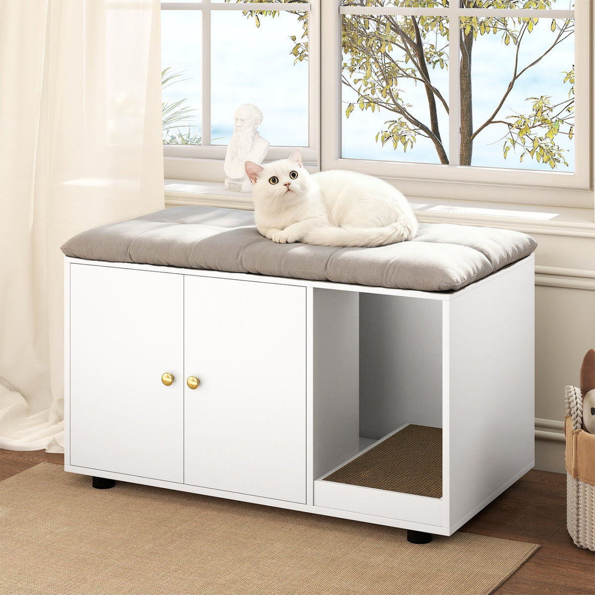 Wooden Cat Litter Box Enclosure Hidden Litter Box Furniture with Scratching Board-White view 2