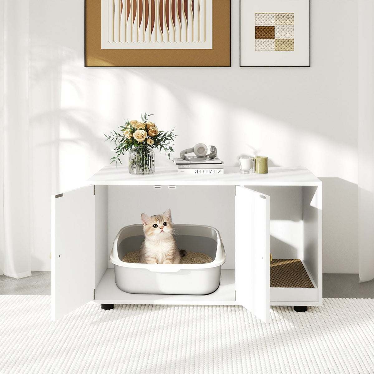 Wooden Cat Litter Box Enclosure Hidden Litter Box Furniture with Scratching Board-White view 3