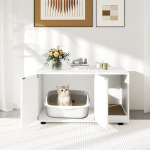 Wooden Cat Litter Box Enclosure Hidden Litter Box Furniture with Scratching Board-White view 3