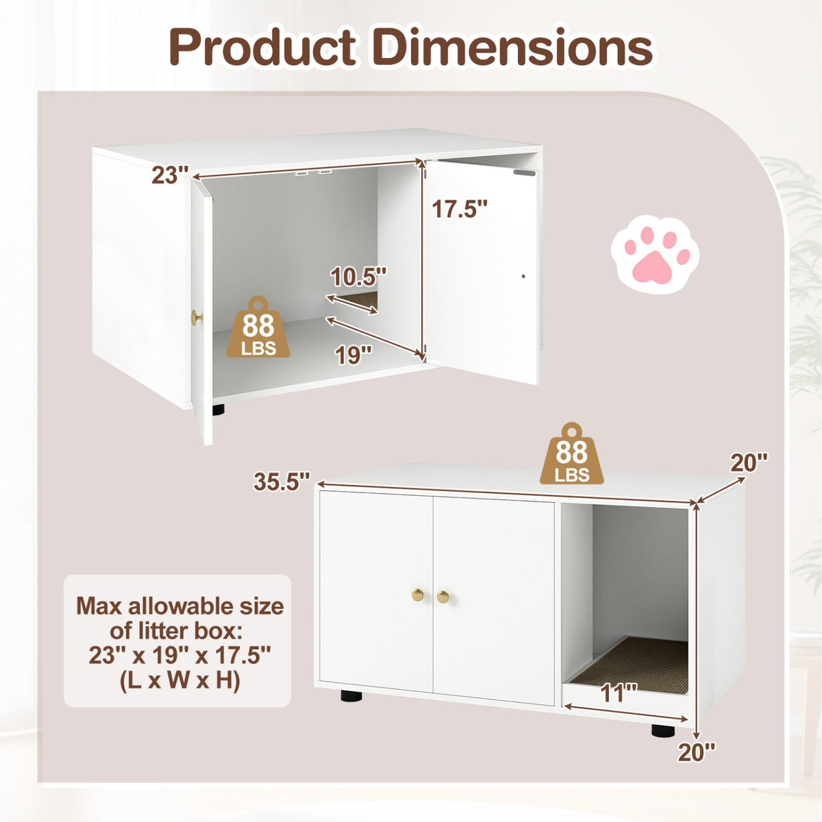 Wooden Cat Litter Box Enclosure Hidden Litter Box Furniture with Scratching Board-White view 4