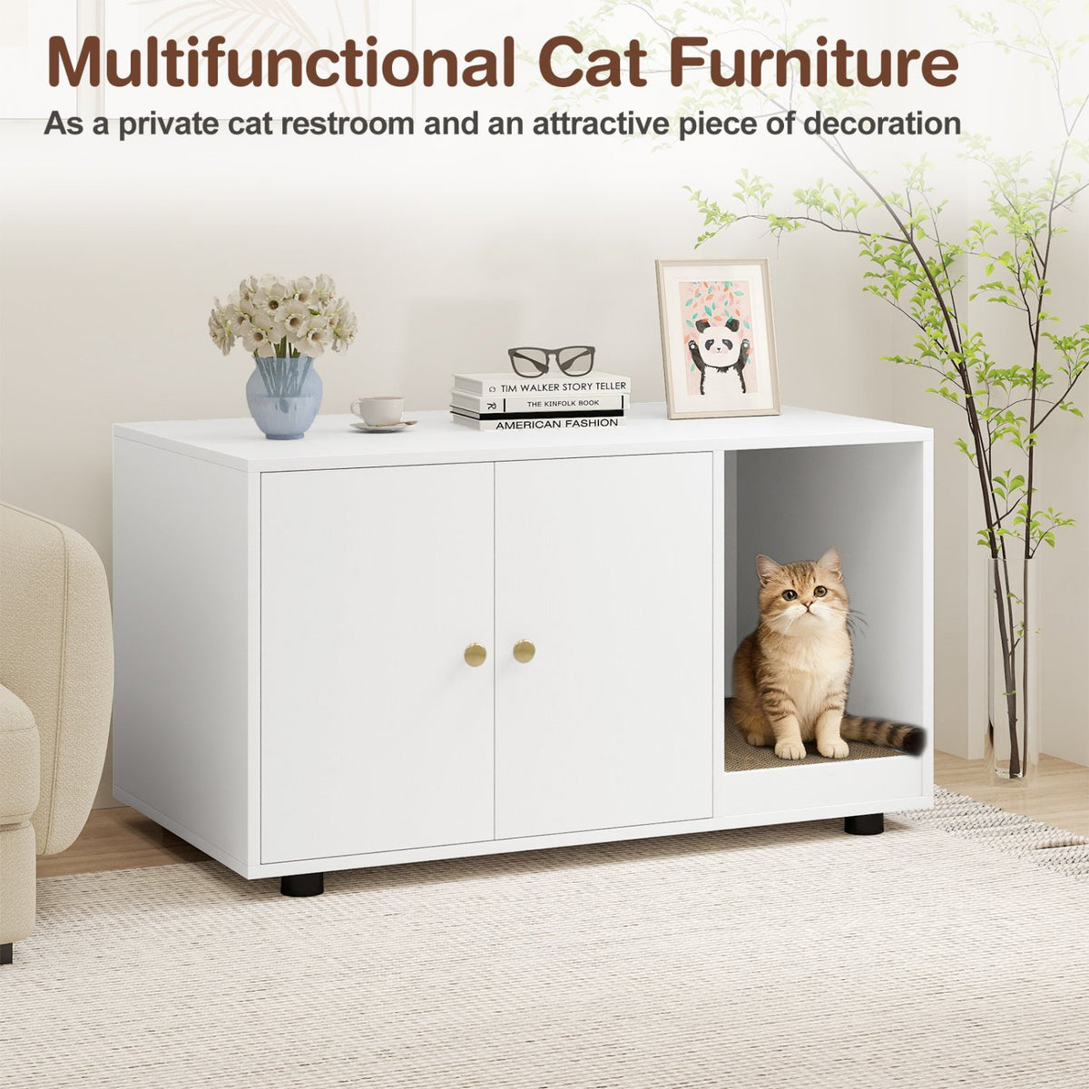 Wooden Cat Litter Box Enclosure Hidden Litter Box Furniture with Scratching Board-White view 5