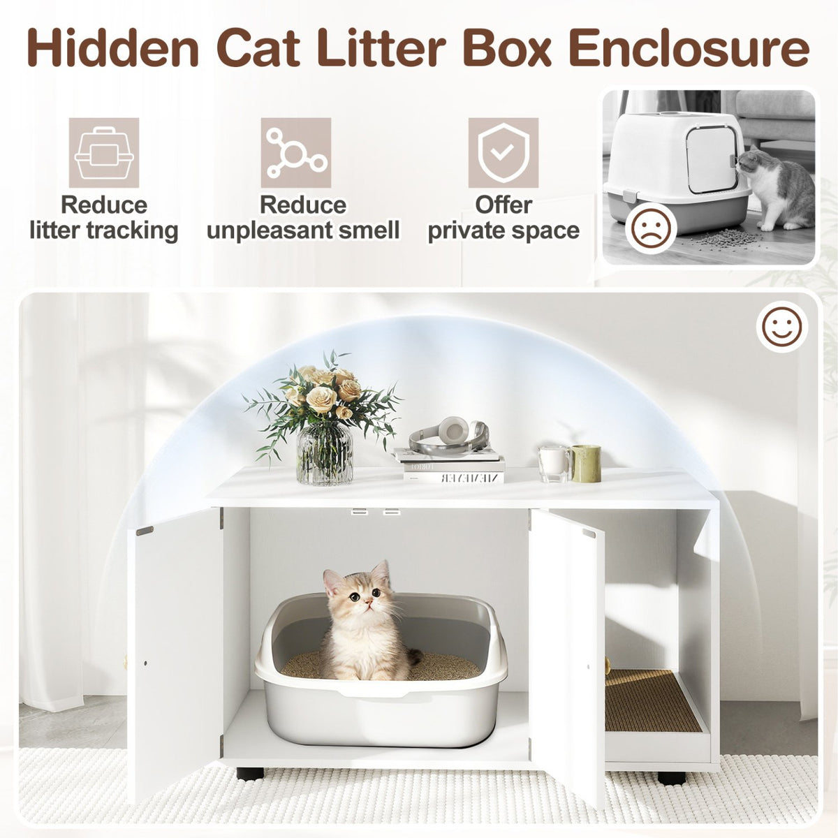 Wooden Cat Litter Box Enclosure Hidden Litter Box Furniture with Scratching Board-White view 6