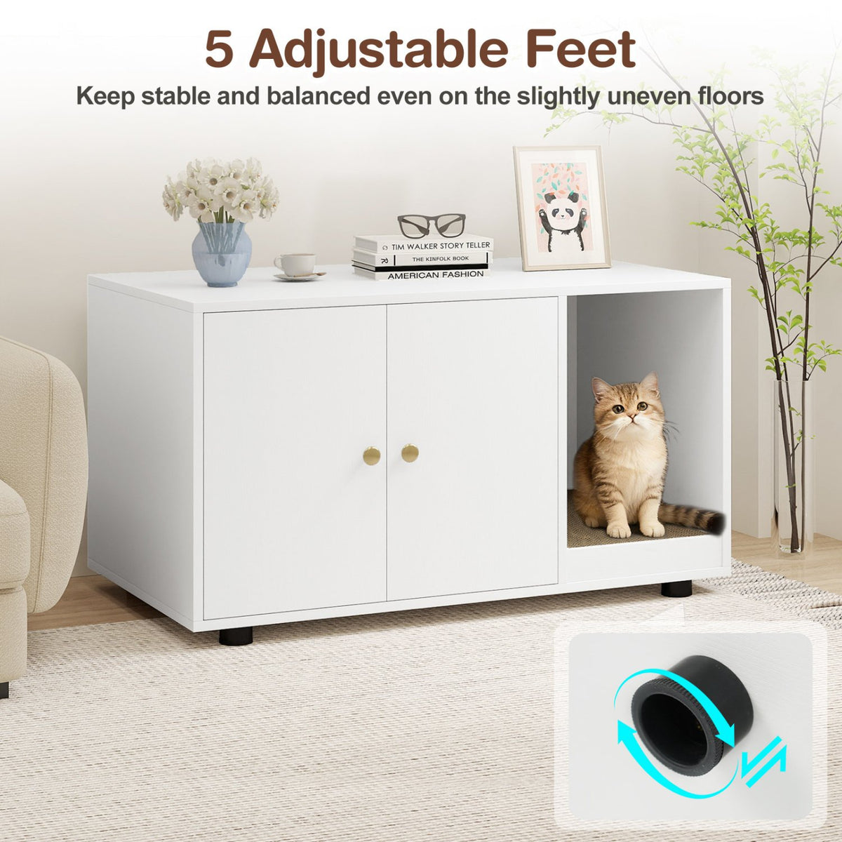 Wooden Cat Litter Box Enclosure Hidden Litter Box Furniture with Scratching Board-White view 8