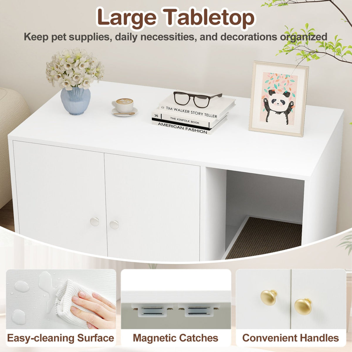 Wooden Cat Litter Box Enclosure Hidden Litter Box Furniture with Scratching Board-White view 9