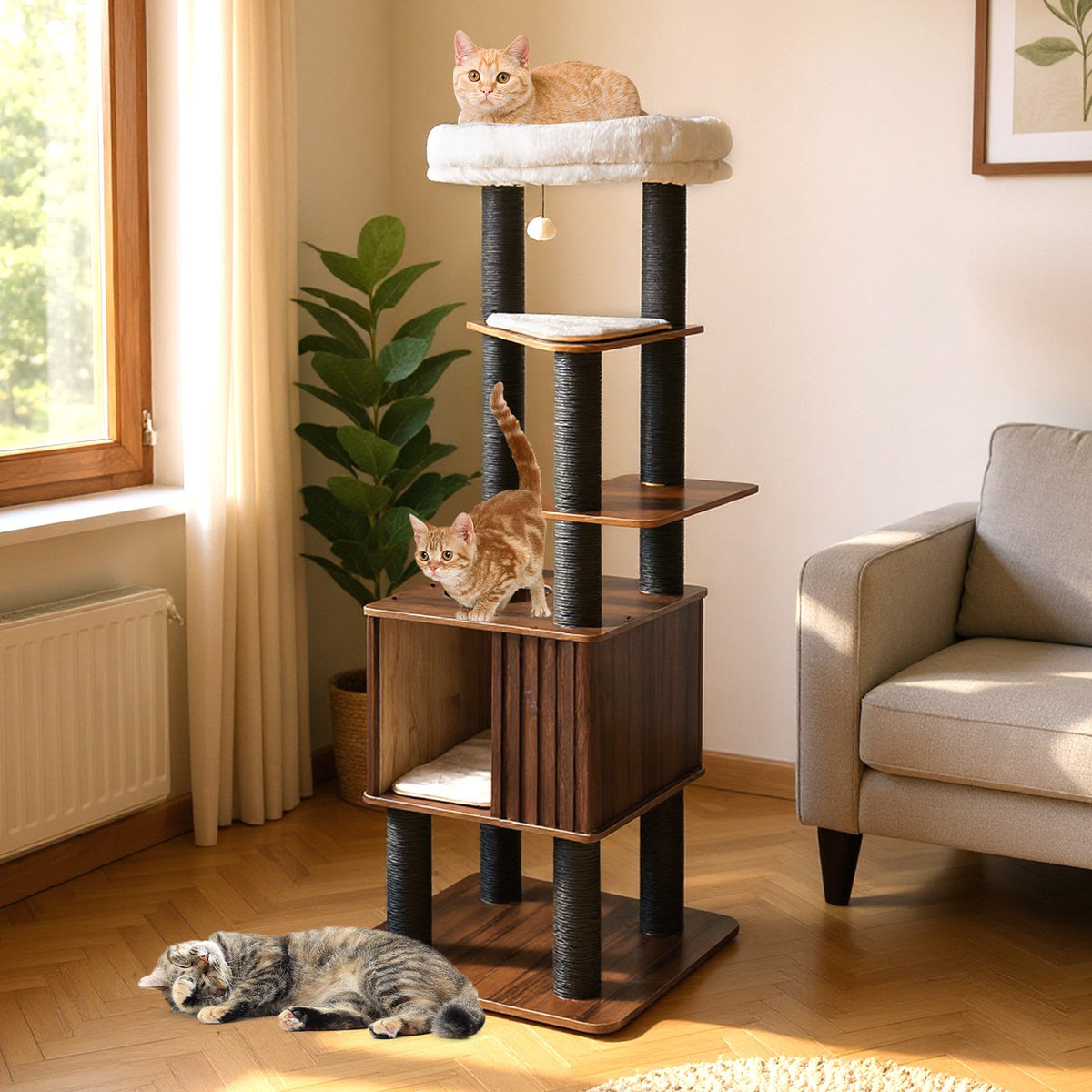Wooden Cat Tower Top Perch with Soft Padding-Brown view 2