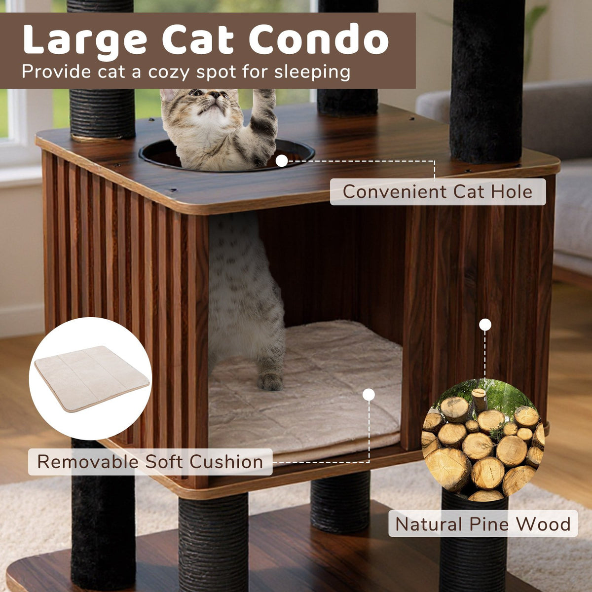 Wooden Cat Tower Top Perch with Soft Padding-Brown view 6