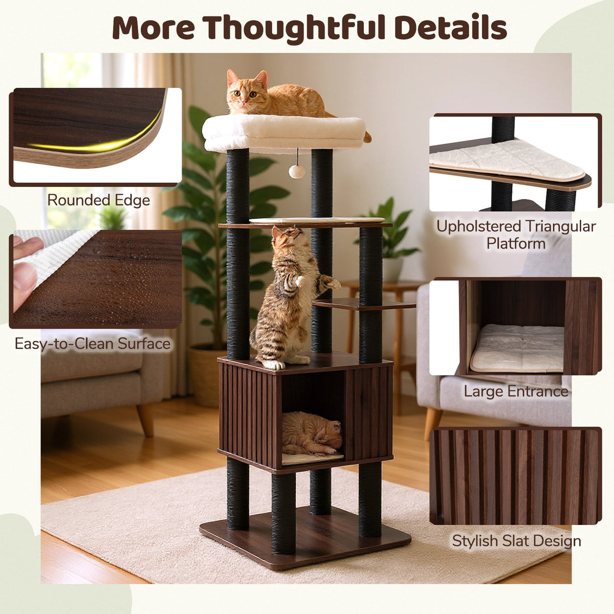 Wooden Cat Tower Top Perch with Soft Padding-Brown view 9