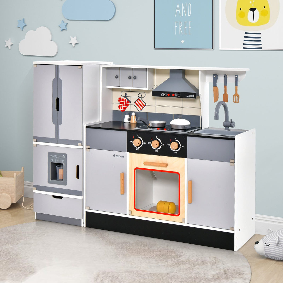 Wooden Chef Play Kitchen and Refrigerator with Realistic Range Hood and Roaster view 3