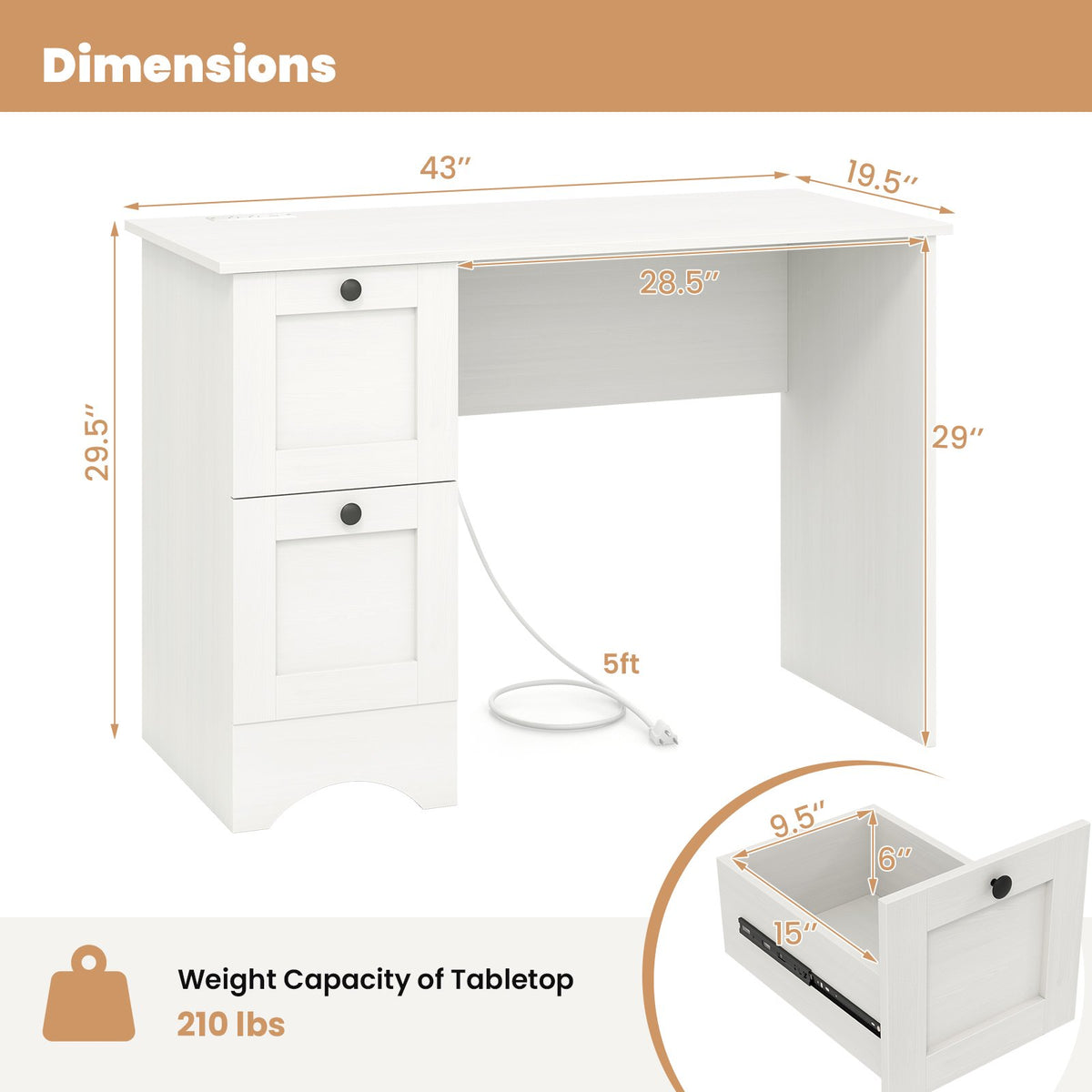 43 Inch Computer Desk with Charging Station for Living Room-White view 5