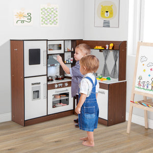 Wooden Corner Play Kitchen with Water Circulation System and Lights-Brown view 2